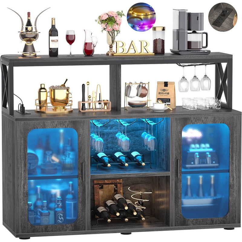 Bar Cabinet with LED Lights & Power Outlets, Liquor Cabinet with Glass Holder