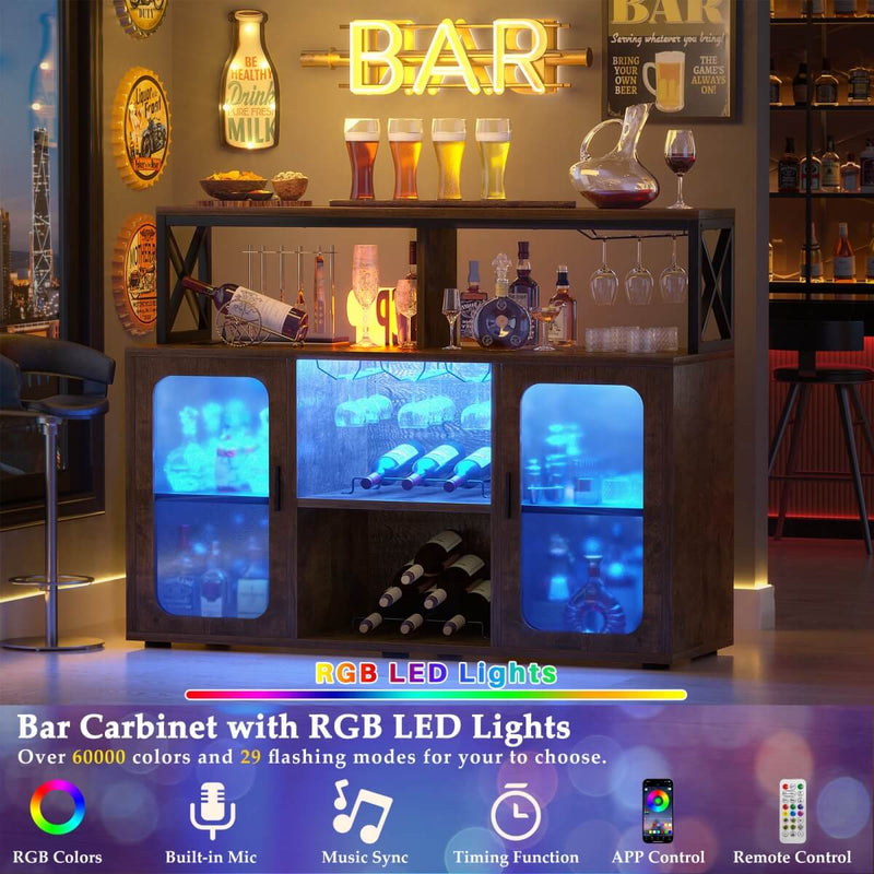 Bar Cabinet with LED Lights & Power Outlets, Liquor Cabinet with Glass Holder