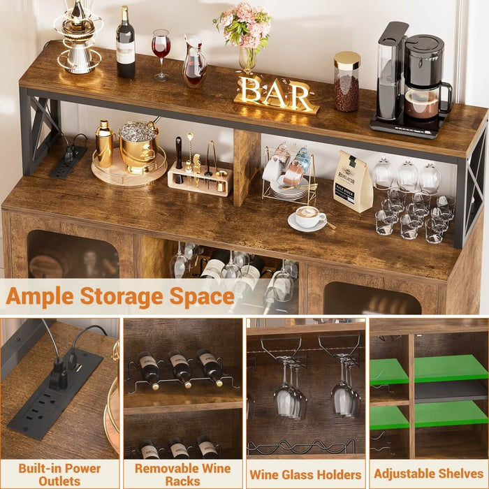 Bar Cabinet with LED Lights & Power Outlets, Liquor Cabinet with Glass Holder