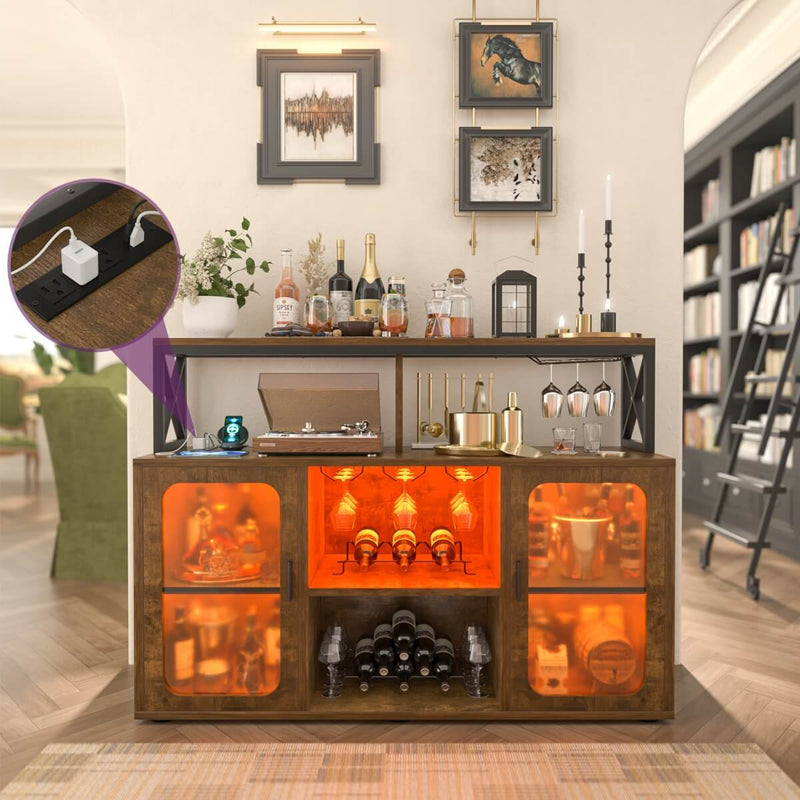 Bar Cabinet with LED Lights & Power Outlets, Liquor Cabinet with Glass Holder