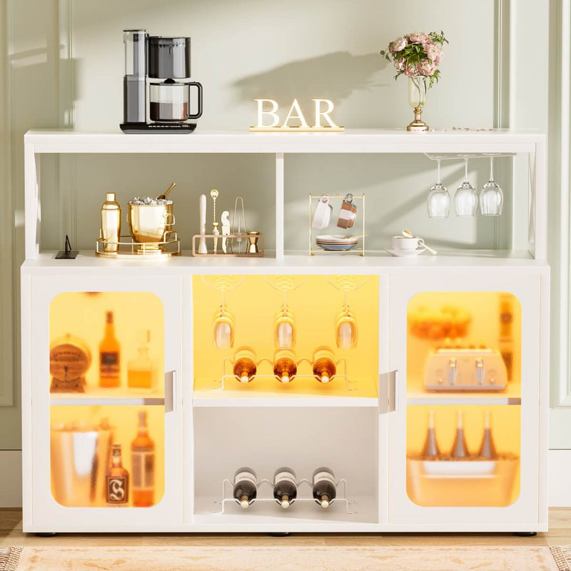 Bar Cabinet with LED Lights & Power Outlets, Liquor Cabinet with Glass Holder