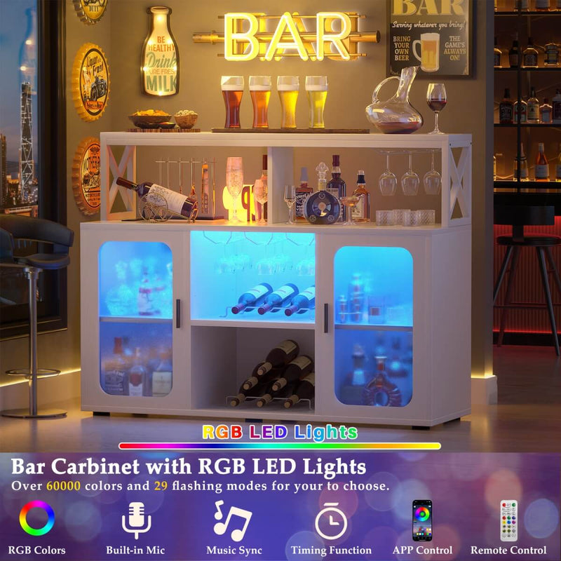 Bar Cabinet with LED Lights & Power Outlets, Liquor Cabinet with Glass Holder