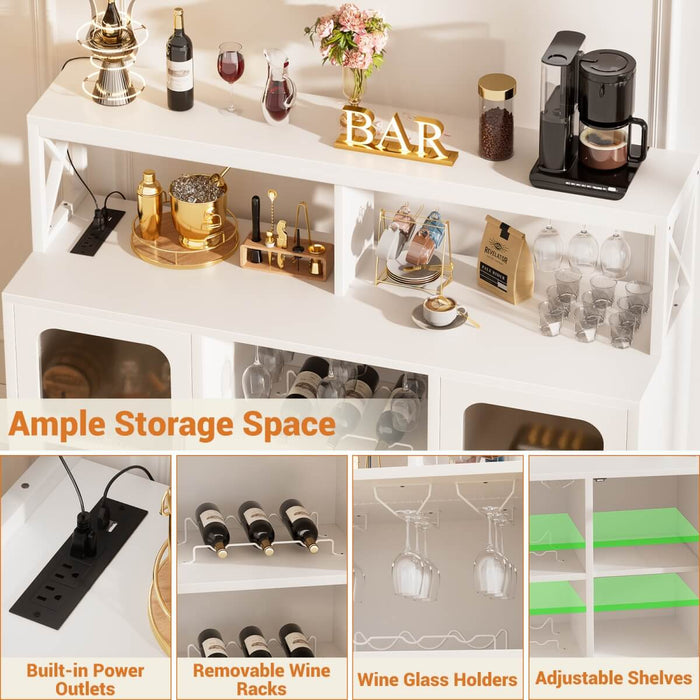 Bar Cabinet with LED Lights & Power Outlets, Liquor Cabinet with Glass Holder