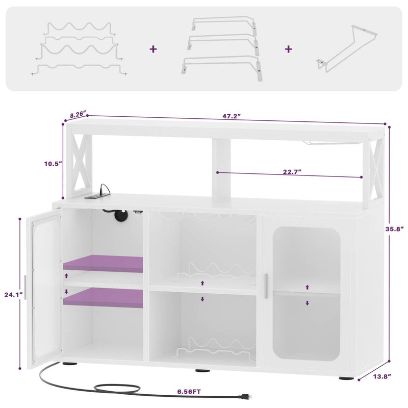 Bar Cabinet with LED Lights & Power Outlets, Liquor Cabinet with Glass Holder