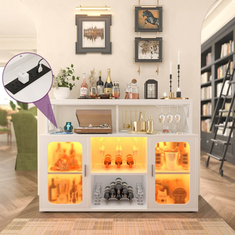 Bar Cabinet with LED Lights & Power Outlets, Liquor Cabinet with Glass Holder