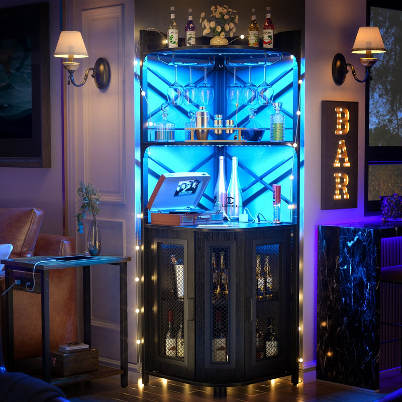 5-Tier Corner Bar Cabinet with LED Light, Outlets & Glass Holder
