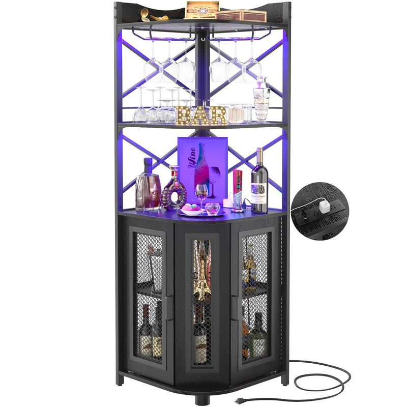 5-Tier Corner Bar Cabinet with LED Light, Outlets & Glass Holder