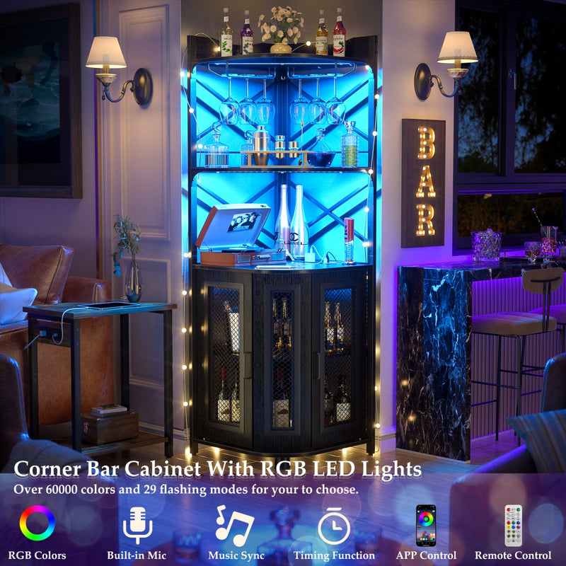 5-Tier Corner Bar Cabinet with LED Light, Outlets & Glass Holder