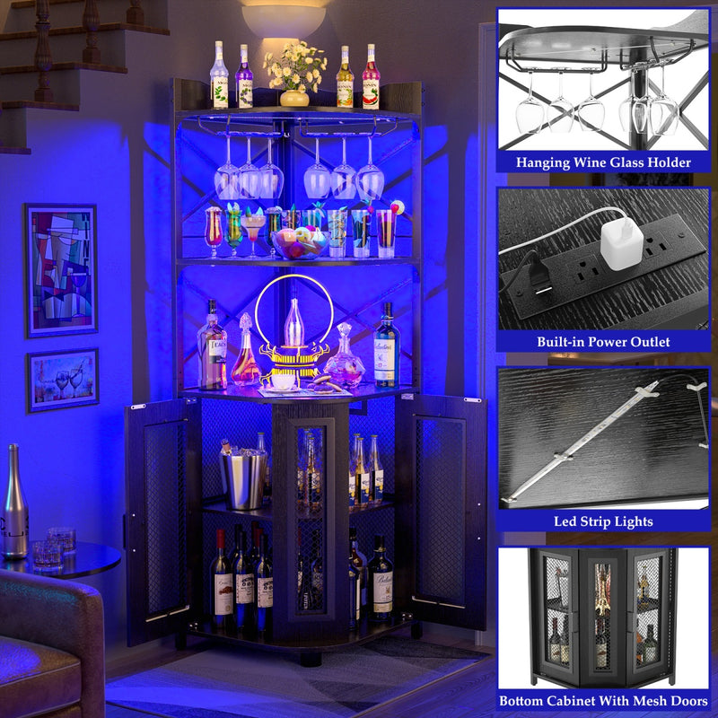 5-Tier Corner Bar Cabinet with LED Light, Outlets & Glass Holder