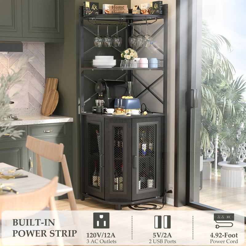 5-Tier Corner Bar Cabinet with LED Light, Outlets & Glass Holder
