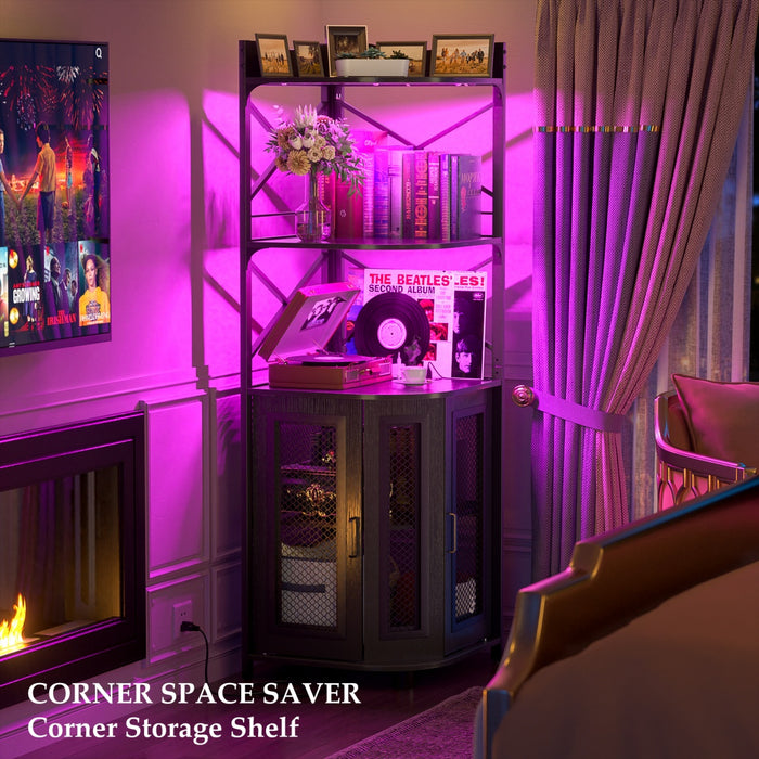 5-Tier Corner Bar Cabinet with LED Light, Outlets & Glass Holder