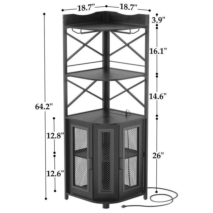 5-Tier Corner Bar Cabinet with LED Light, Outlets & Glass Holder