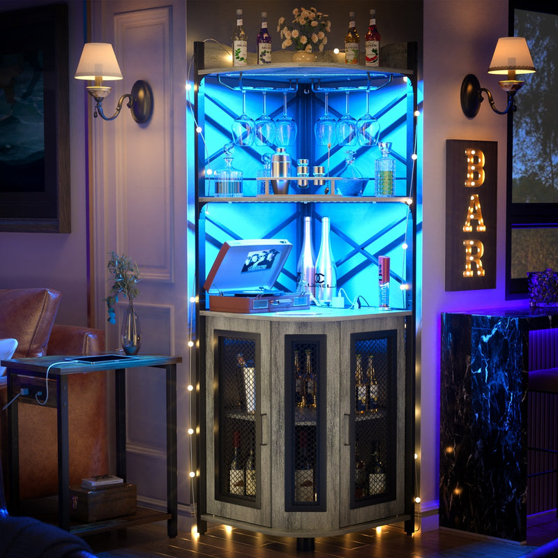 5-Tier Corner Bar Cabinet with LED Light, Outlets & Glass Holder