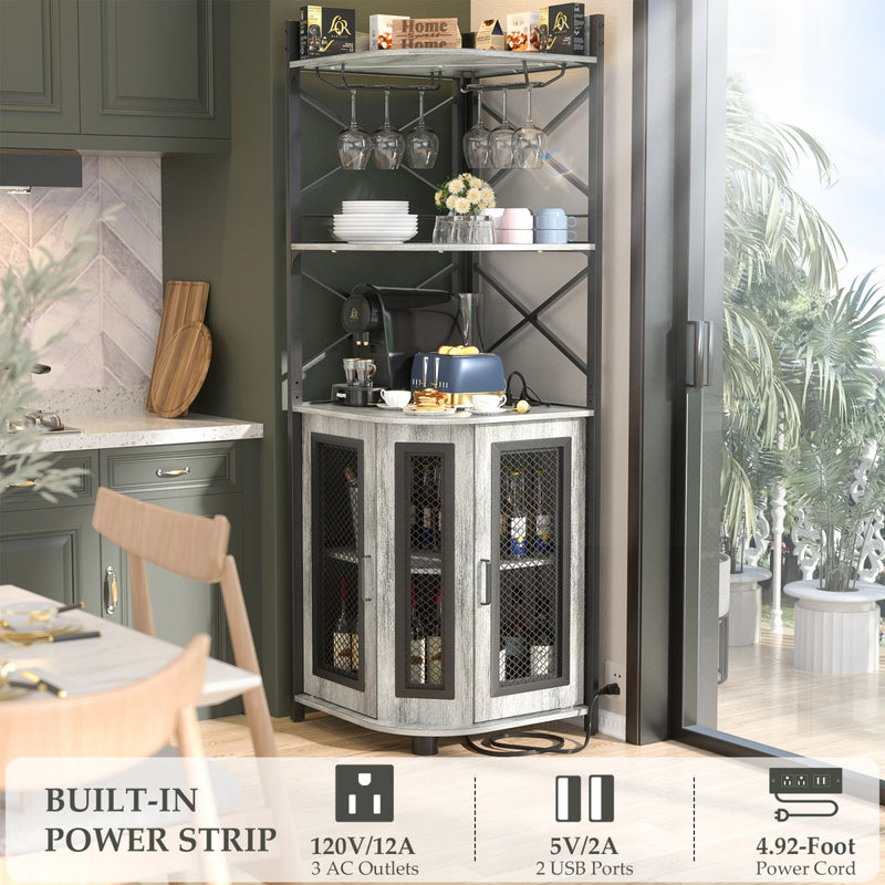 5-Tier Corner Bar Cabinet with LED Light, Outlets & Glass Holder