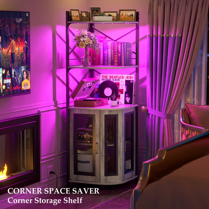 5-Tier Corner Bar Cabinet with LED Light, Outlets & Glass Holder