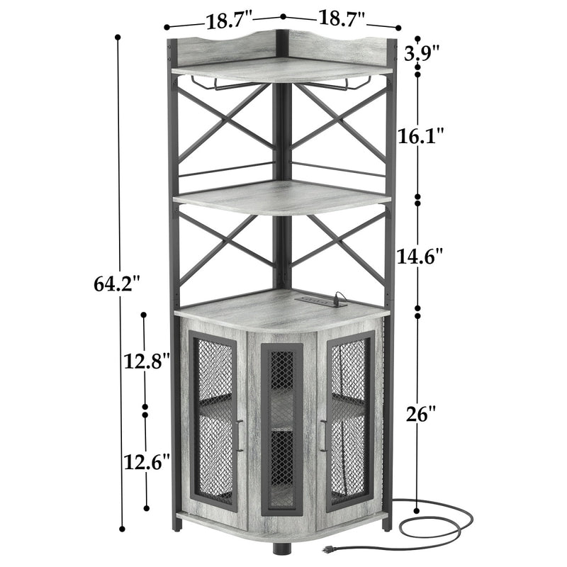 5-Tier Corner Bar Cabinet with LED Light, Outlets & Glass Holder