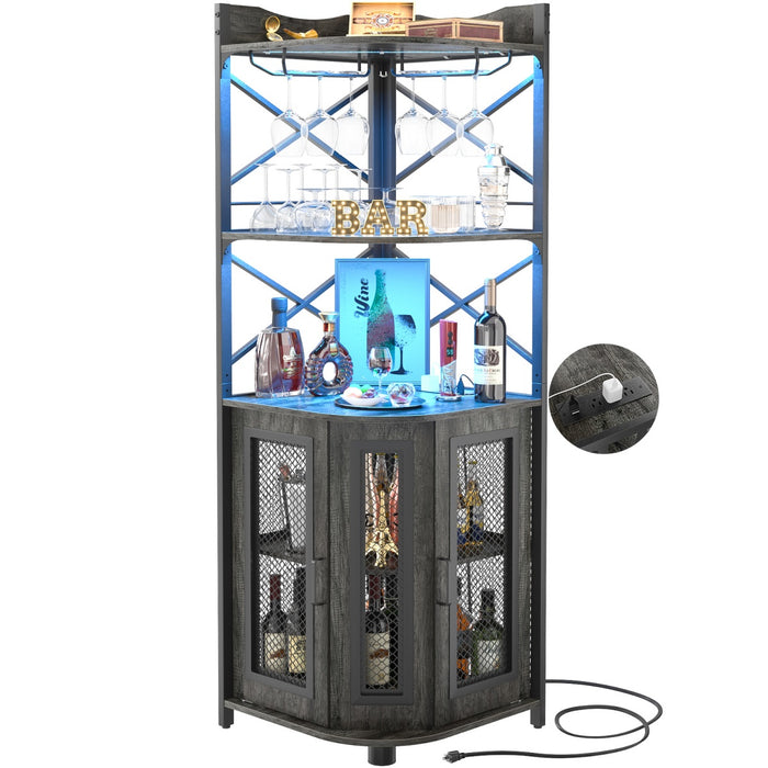 5-Tier Corner Bar Cabinet with LED Light, Outlets & Glass Holder
