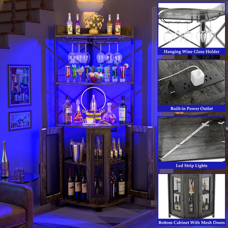5-Tier Corner Bar Cabinet with LED Light, Outlets & Glass Holder