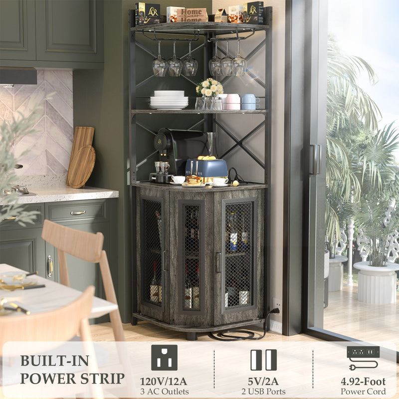 5-Tier Corner Bar Cabinet with LED Light, Outlets & Glass Holder
