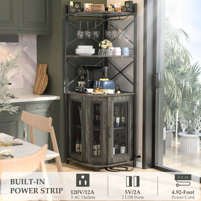 5-Tier Corner Bar Cabinet with LED Light, Outlets & Glass Holder