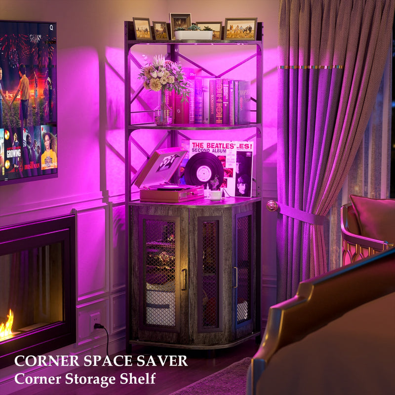 5-Tier Corner Bar Cabinet with LED Light, Outlets & Glass Holder