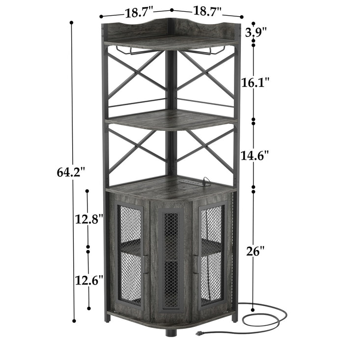 5-Tier Corner Bar Cabinet with LED Light, Outlets & Glass Holder