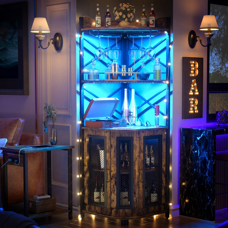 5-Tier Corner Bar Cabinet with LED Light, Outlets & Glass Holder