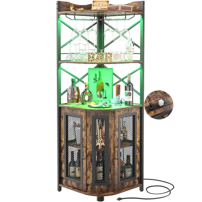 5-Tier Corner Bar Cabinet with LED Light, Outlets & Glass Holder
