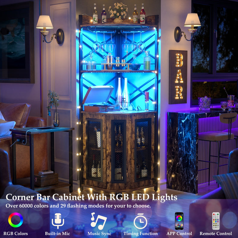 5-Tier Corner Bar Cabinet with LED Light, Outlets & Glass Holder
