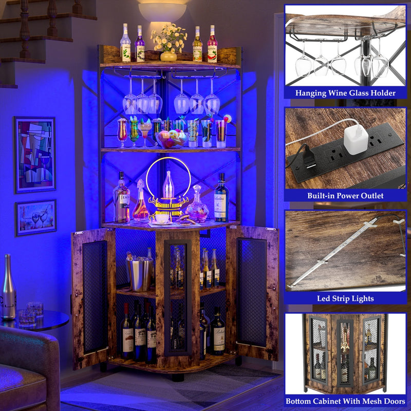 5-Tier Corner Bar Cabinet with LED Light, Outlets & Glass Holder