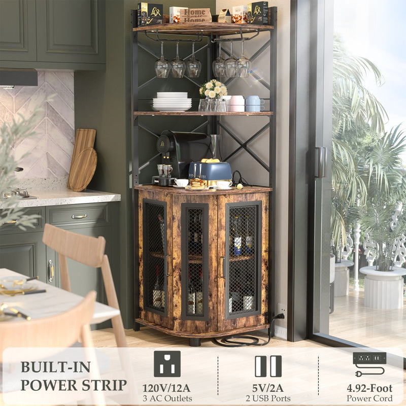 5-Tier Corner Bar Cabinet with LED Light, Outlets & Glass Holder
