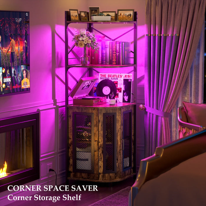 5-Tier Corner Bar Cabinet with LED Light, Outlets & Glass Holder