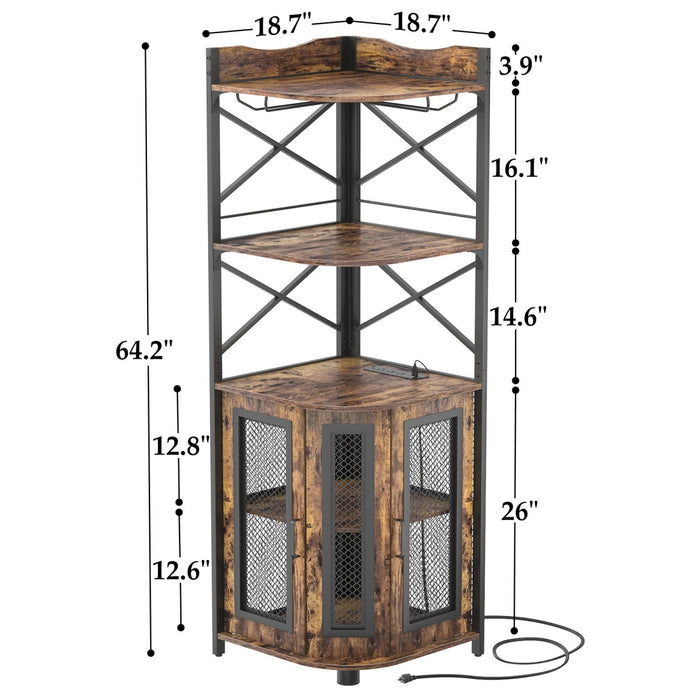 5-Tier Corner Bar Cabinet with LED Light, Outlets & Glass Holder