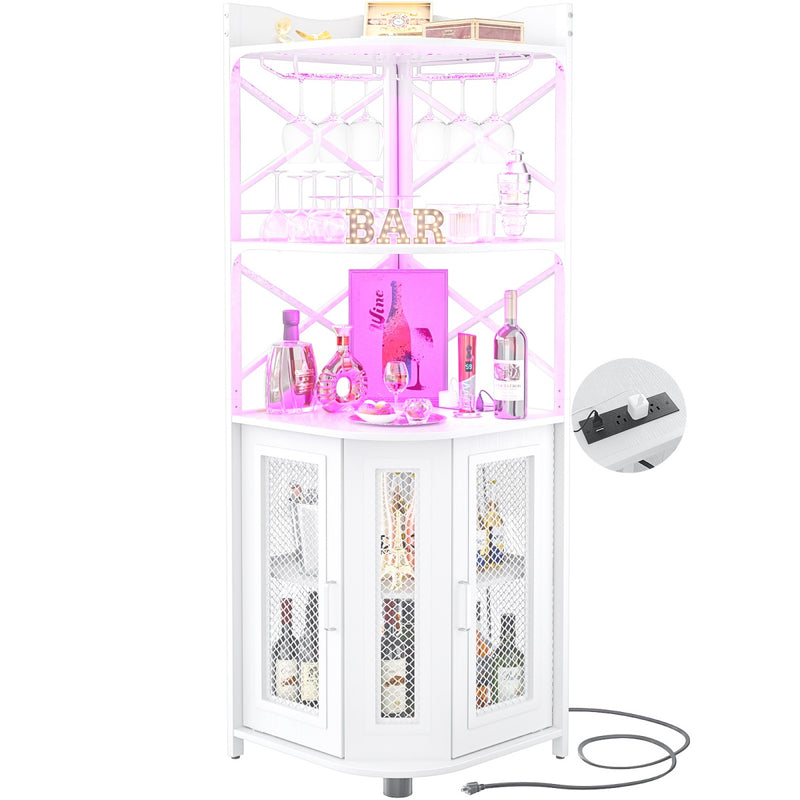 5-Tier Corner Bar Cabinet with LED Light, Outlets & Glass Holder