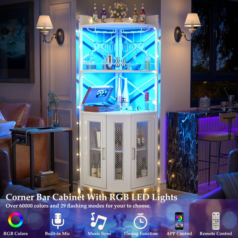 5-Tier Corner Bar Cabinet with LED Light, Outlets & Glass Holder