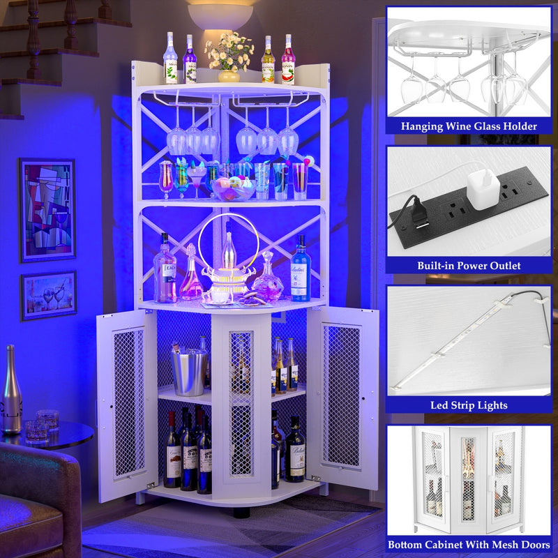 5-Tier Corner Bar Cabinet with LED Light, Outlets & Glass Holder