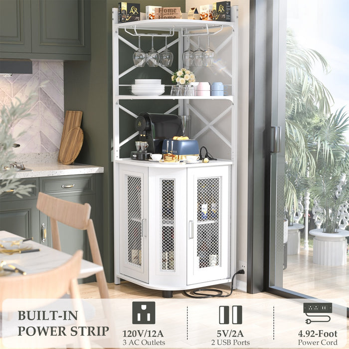 5-Tier Corner Bar Cabinet with LED Light, Outlets & Glass Holder