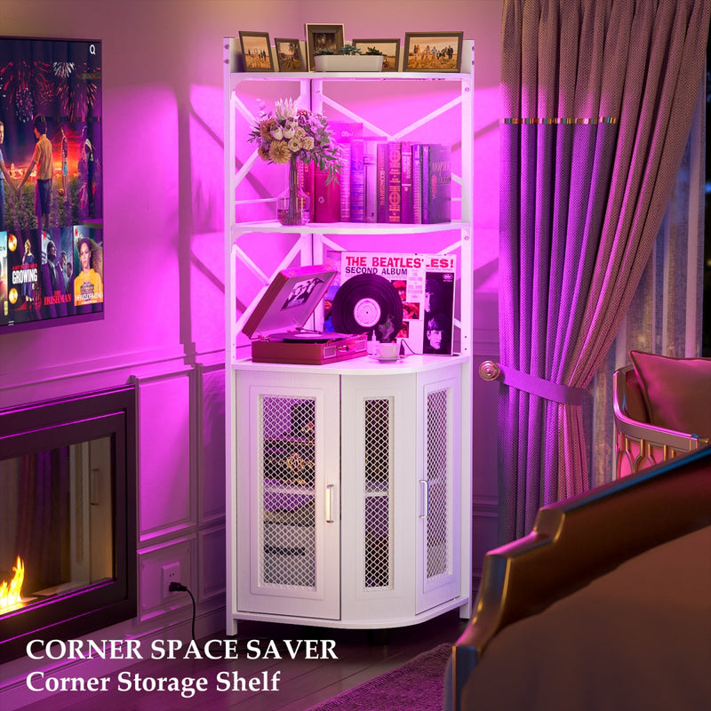 5-Tier Corner Bar Cabinet with LED Light, Outlets & Glass Holder