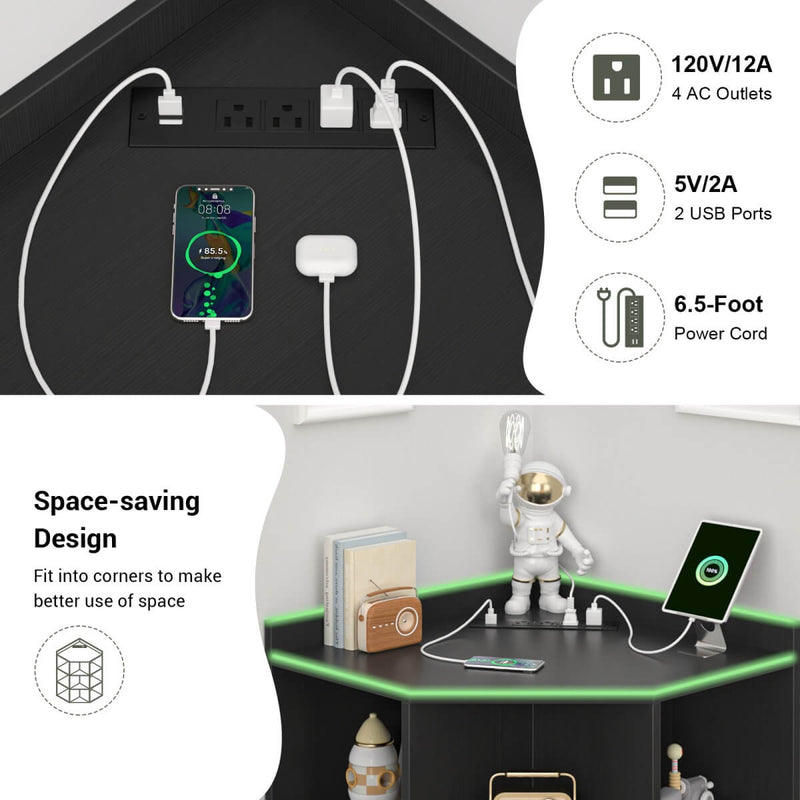 3-Tier Corner Cabinet with Power Outlets & Cubes Storage, for Small Space