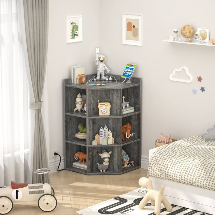 3-Tier Corner Cabinet with Power Outlets & Cubes Storage, for Small Space
