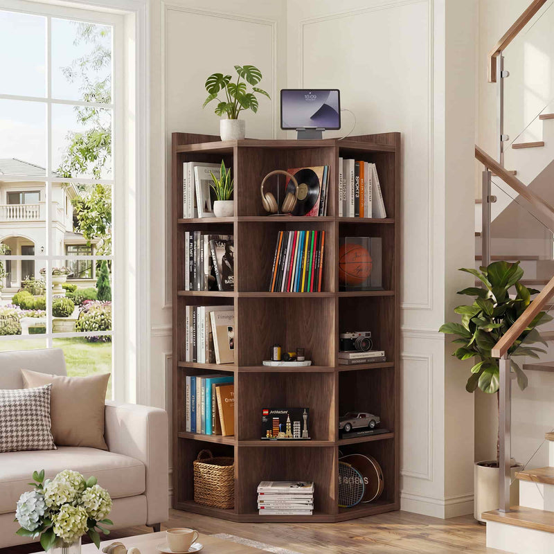6-Tier 15 Cube Corner Bookshelf with Power Outlets