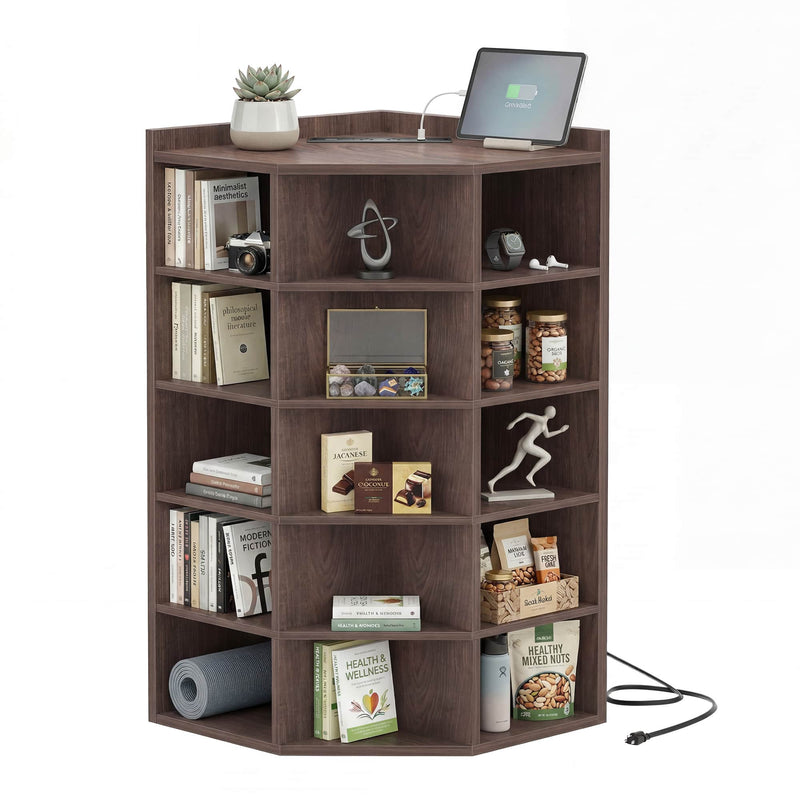 6-Tier 15 Cube Corner Bookshelf with Power Outlets