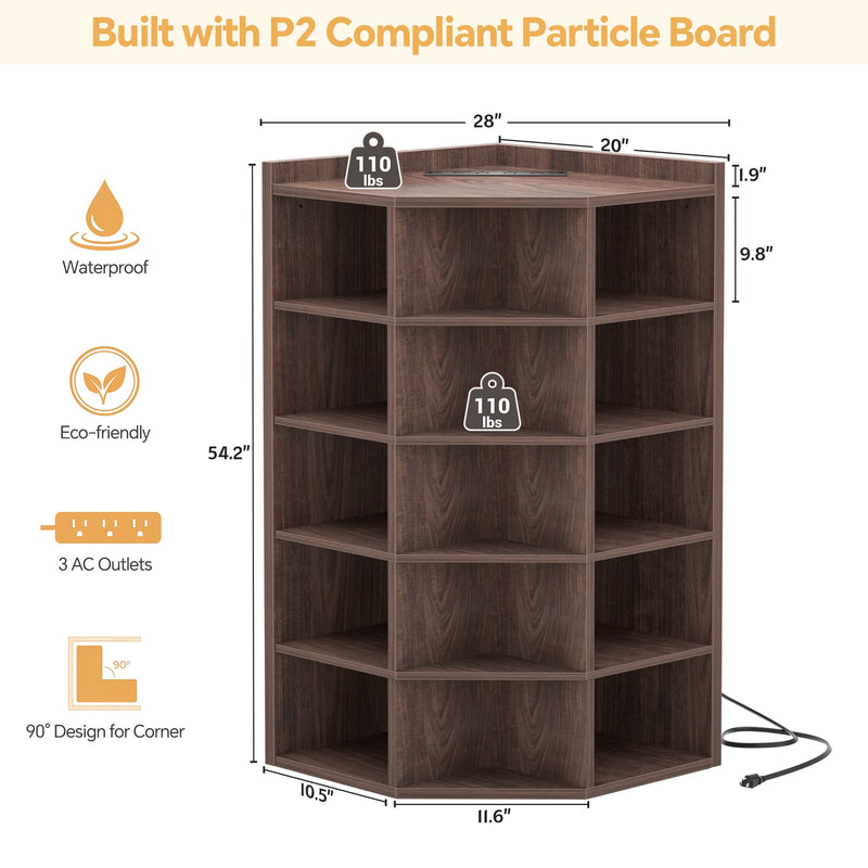 6-Tier 15 Cube Corner Bookshelf with Power Outlets