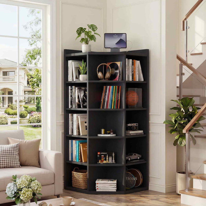 6-Tier 15 Cube Corner Bookshelf with Power Outlets