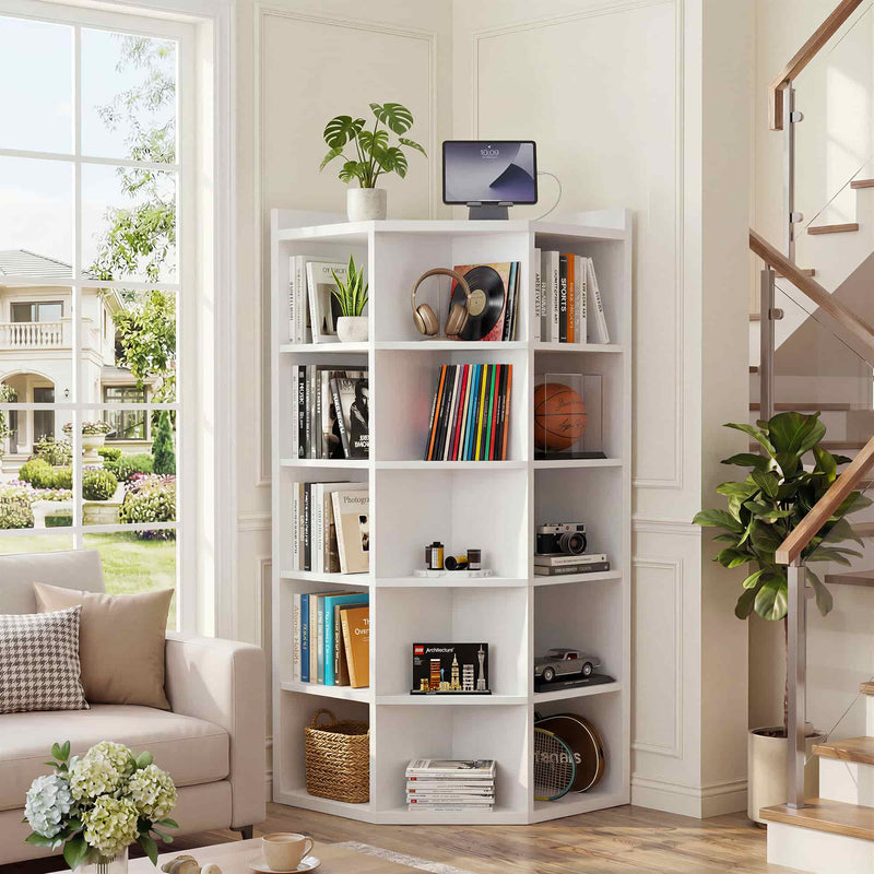 6-Tier 15 Cube Corner Bookshelf with Power Outlets