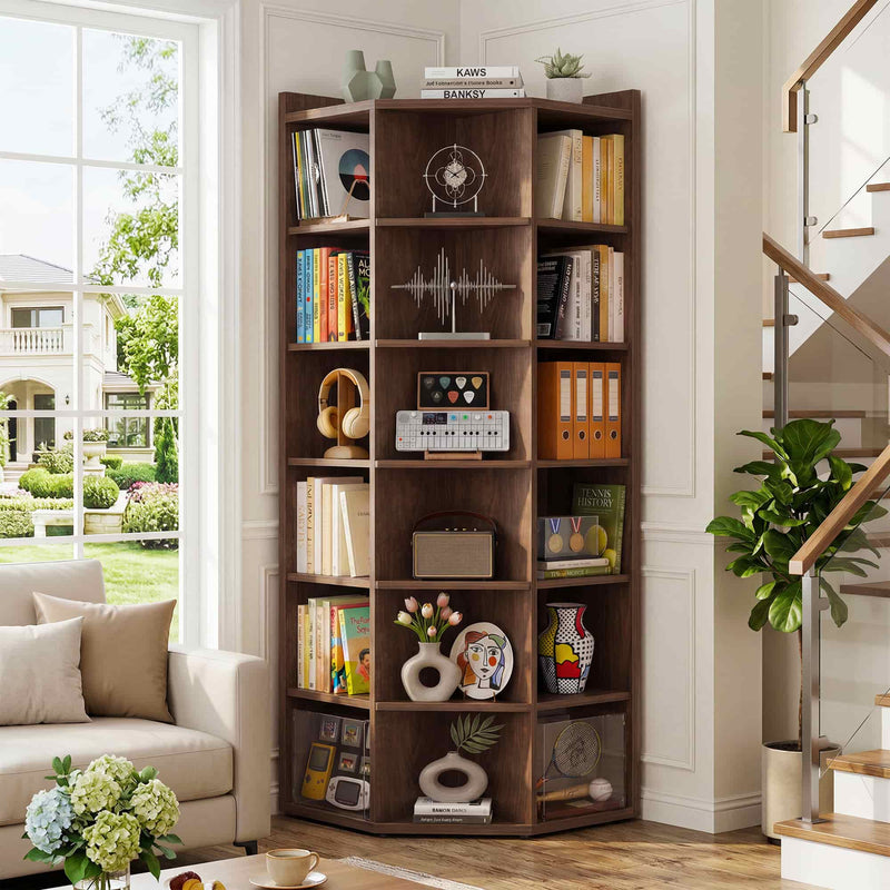 7-Tier Wooden Corner Cube Bookshelf, Corner Storage Cabinet with 18 Cubes