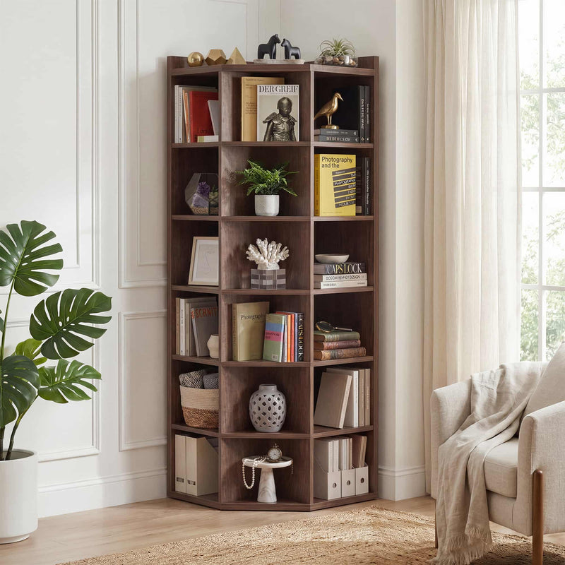 7-Tier Wooden Corner Cube Bookshelf, Corner Storage Cabinet with 18 Cubes