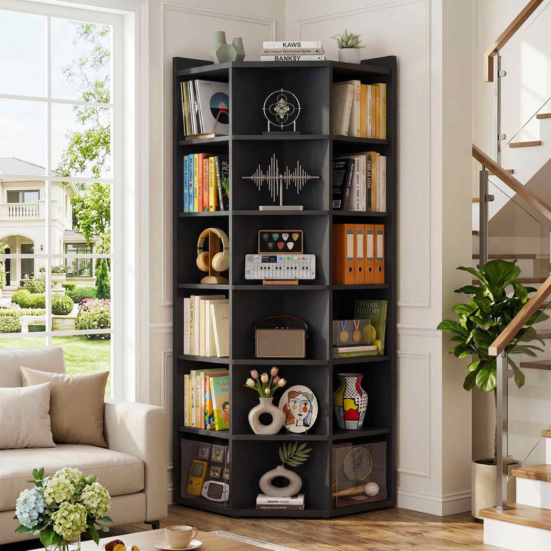 7-Tier Wooden Corner Cube Bookshelf, Corner Storage Cabinet with 18 Cubes