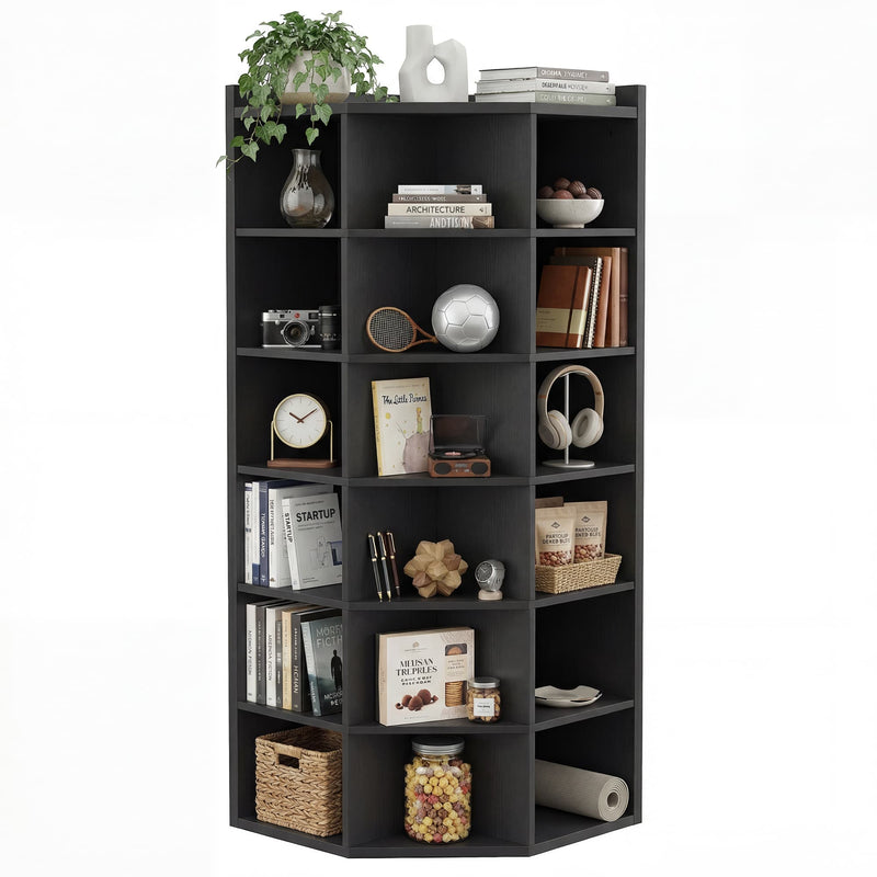 7-Tier Wooden Corner Cube Bookshelf, Corner Storage Cabinet with 18 Cubes