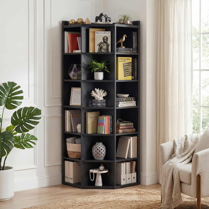 7-Tier Wooden Corner Cube Bookshelf, Corner Storage Cabinet with 18 Cubes
